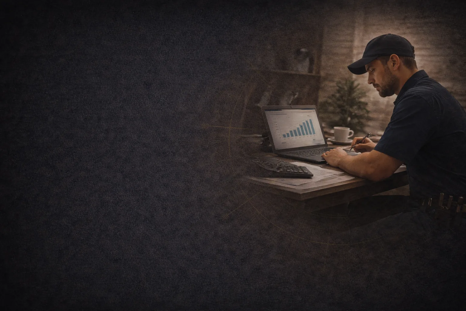 An HVAC business owner reviewing rising revenue charts on a laptop at his desk